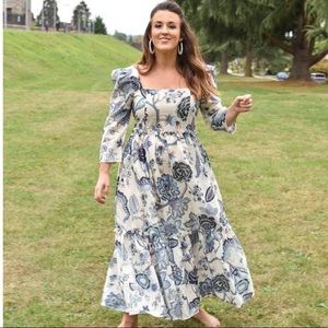 Montauck Blue Floral Puff Sleeve Maxi Dress
